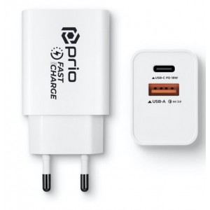 Carregador USB+USB-C 5V 3,0A Fast Charge 18w Prio (Branco)