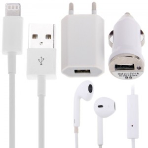 Kit de Viaje (Cargador, cable, Adaptador Mechero y auriculares) iPhone 6/6 Plus, 5/5S/5C (Blanco) Compatible